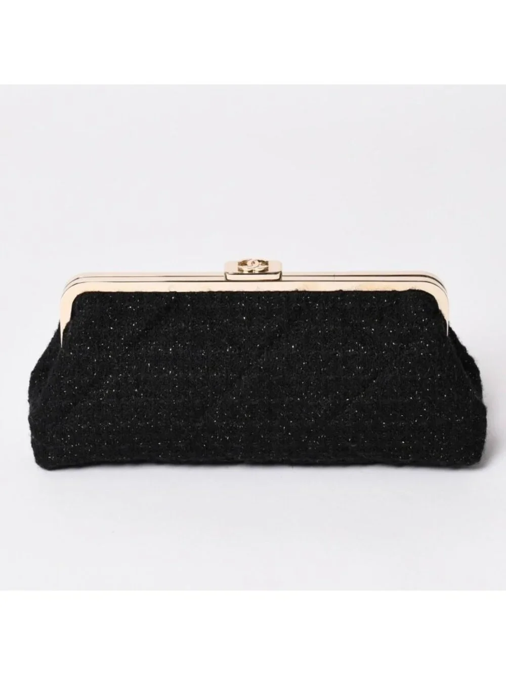 Chanel Clutch Pouch CC Logo Tweed Kiss Lock Black Gold